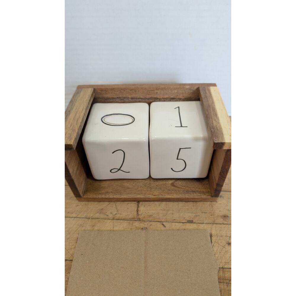 Rae Dunn Ceramic Perpetual Desk Calendar w/ Wood Block Holder Glossy Home Decor - Picture 4 of 6